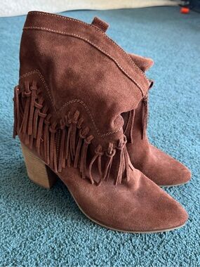 Aldo Dark Brown Suede Fringe Mid Calf Boots Size 11 Cow Leather Pointy Toe